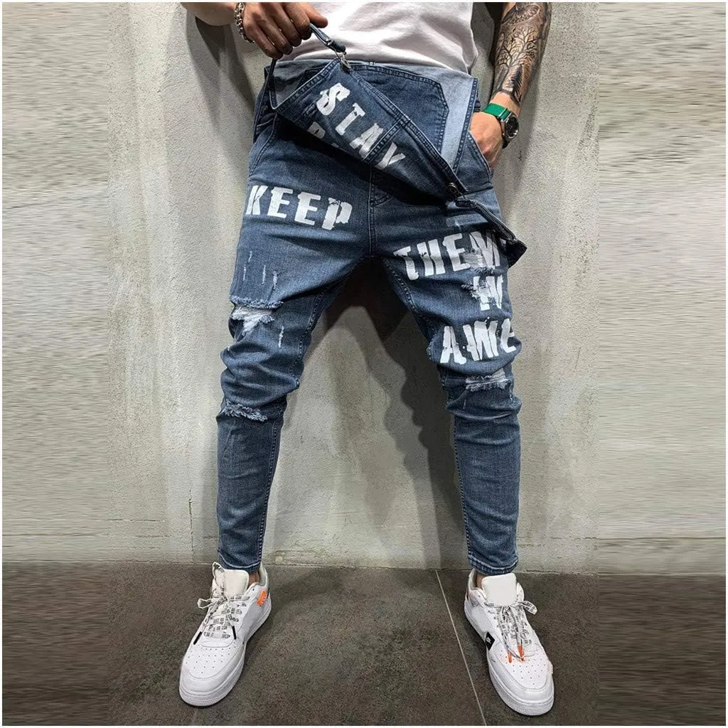 Mens Streetwear Jumpsuit Jeans Overall Hole Pocket Overall Suspender Pants Men's Pants Mens Relaxed Fit Jeans
