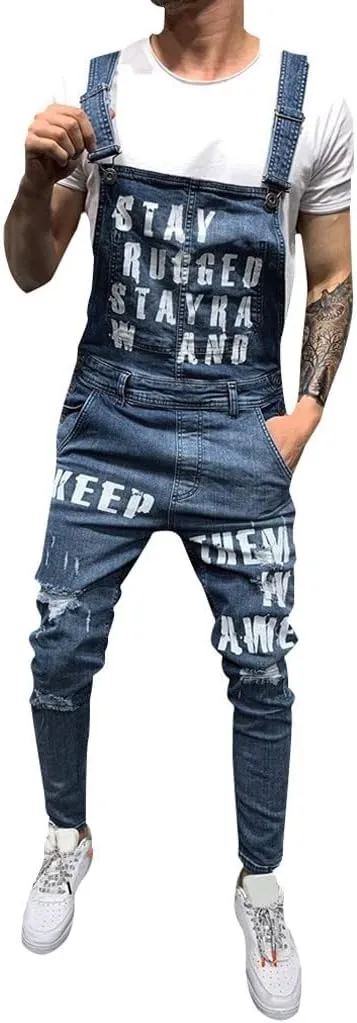 Mens Streetwear Jumpsuit Jeans Overall Hole Pocket Overall Suspender Pants Men's Pants Mens Relaxed Fit Jeans