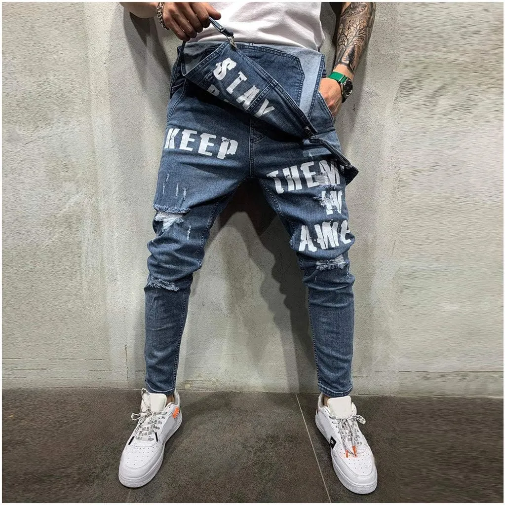 Mens Streetwear Jumpsuit Jeans Overall Hole Pocket Overall Suspender Pants Men's Pants Mens Relaxed Fit Jeans