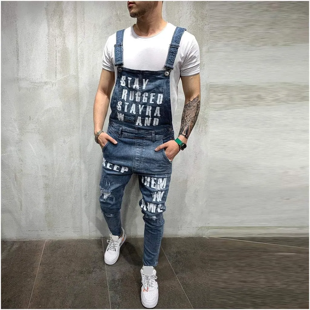 Mens Streetwear Jumpsuit Jeans Overall Hole Pocket Overall Suspender Pants Men's Pants Mens Relaxed Fit Jeans