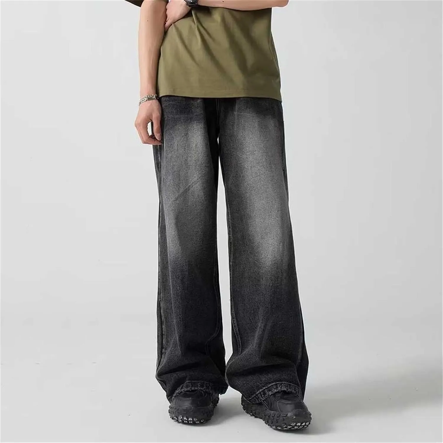 Mens Stretch Jeans Unisex Fashion High Waist Straight Baggy Jeans Vintage Leg Drawstring Y2K Denim Pants