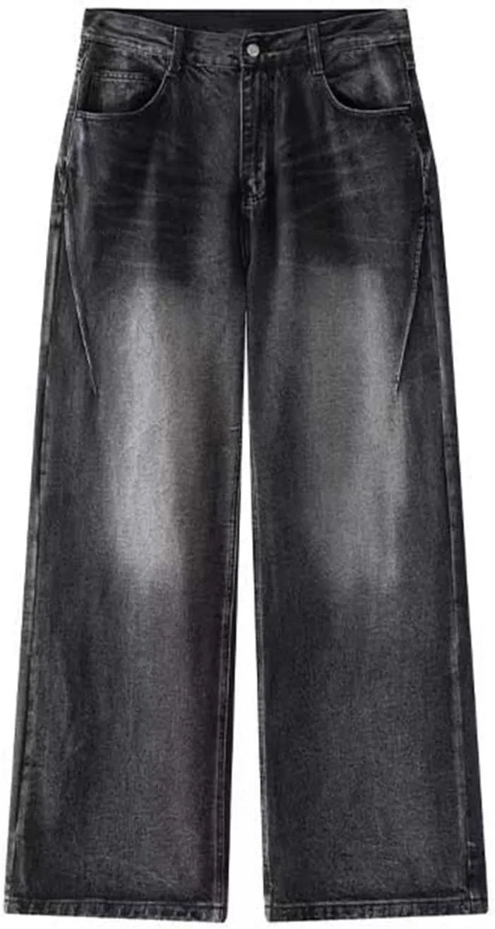 Mens Stretch Jeans Unisex Fashion High Waist Straight Baggy Jeans Vintage Leg Drawstring Y2K Denim Pants