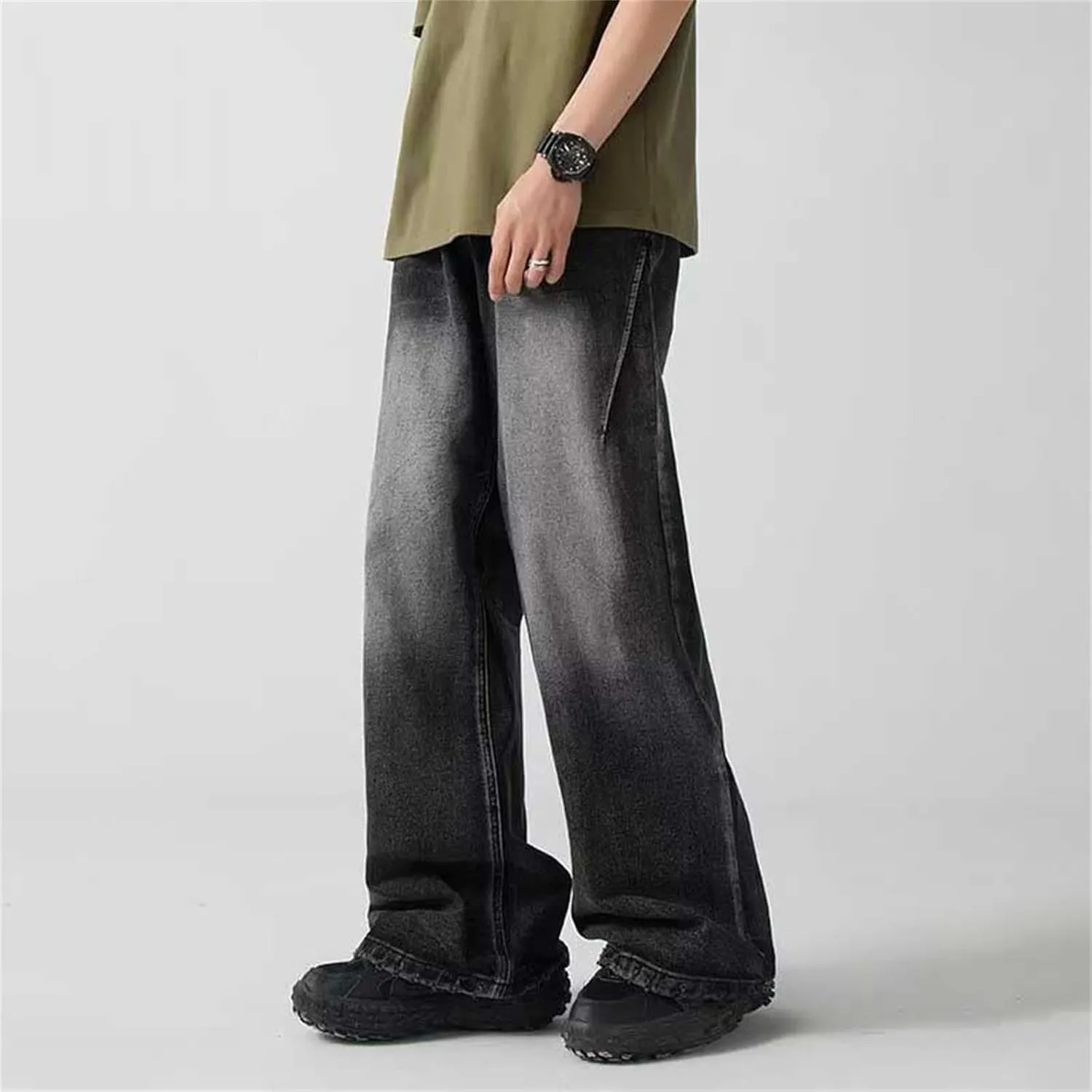 Mens Stretch Jeans Unisex Fashion High Waist Straight Baggy Jeans Vintage Leg Drawstring Y2K Denim Pants