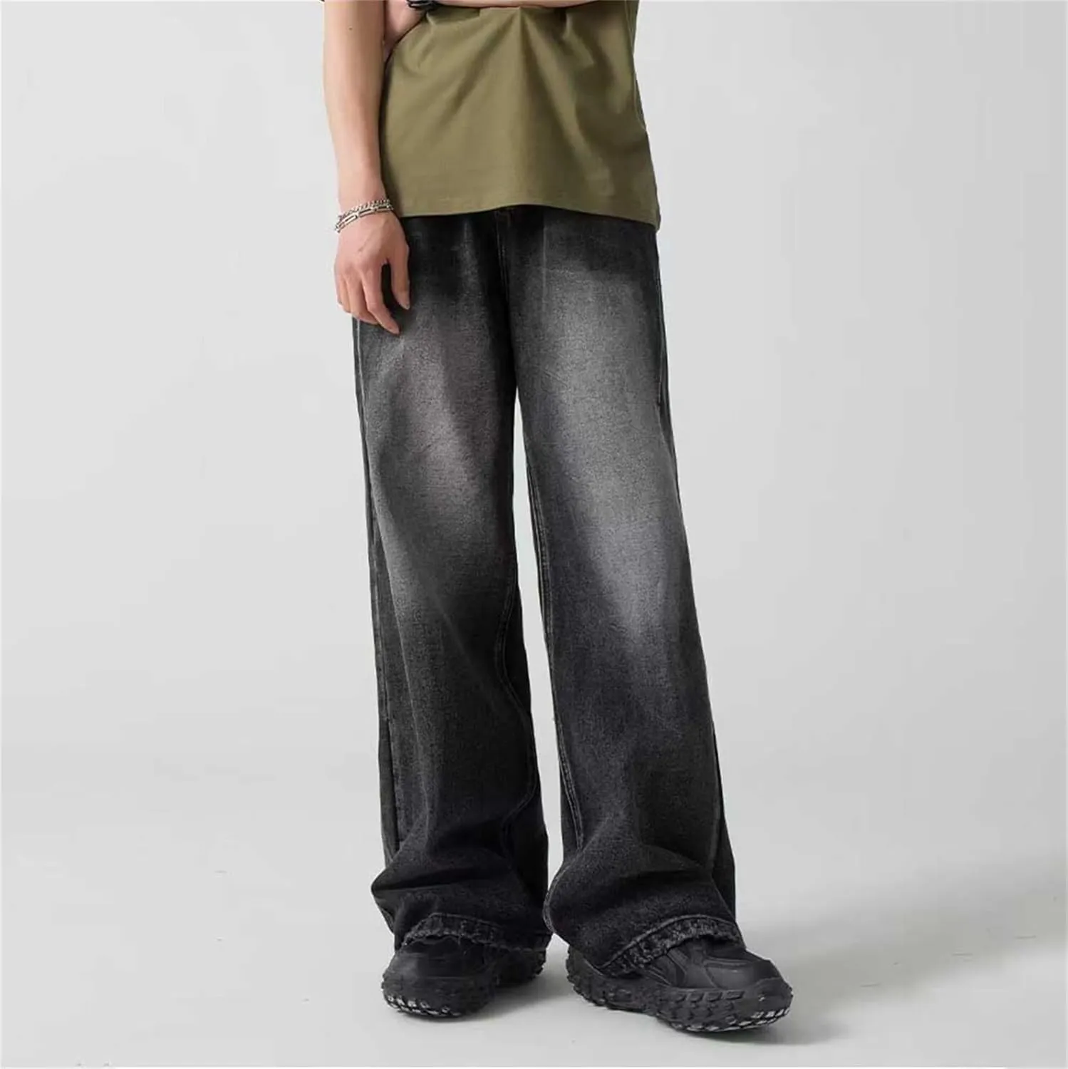 Mens Stretch Jeans Unisex Fashion High Waist Straight Baggy Jeans Vintage Leg Drawstring Y2K Denim Pants