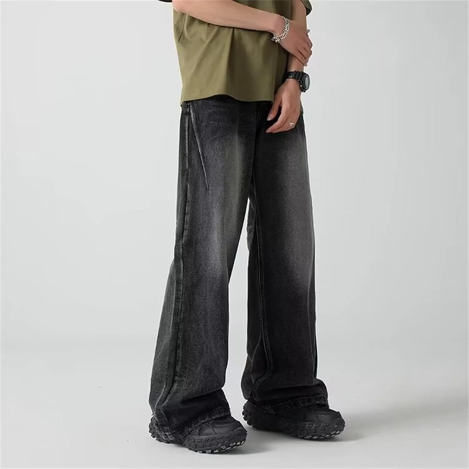 Mens Stretch Jeans Unisex Fashion High Waist Straight Baggy Jeans Vintage Leg Drawstring Y2K Denim Pants