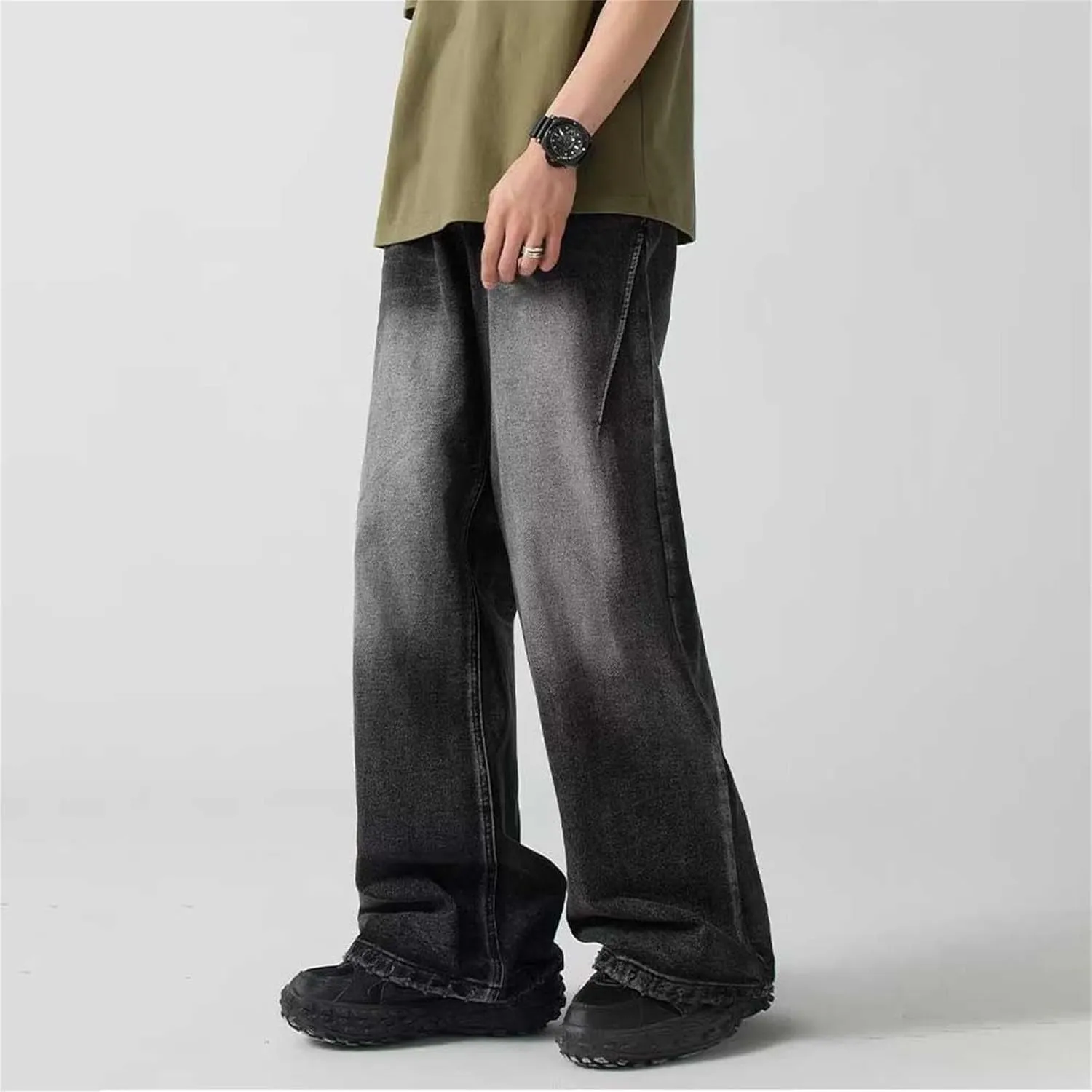 Mens Stretch Jeans Unisex Fashion High Waist Straight Baggy Jeans Vintage Leg Drawstring Y2K Denim Pants