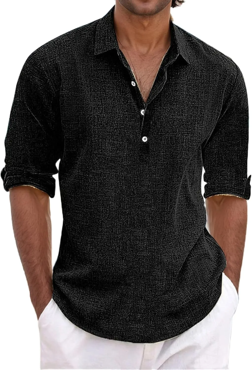 Mens Summer Shirts for Vacation Quarter Button Pullover Vintage Long Sleeve Shirt Cotton Linen Casual Tees Relaxed