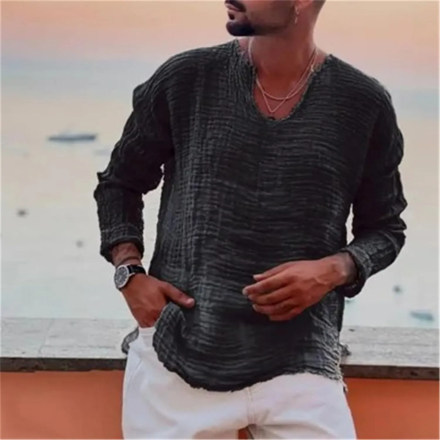 Men's Vintage Linen Raw Edge Plain Long Sleeve Shirts Loose Casual V Neck Beach Hippie Yoga T Shirts Tops