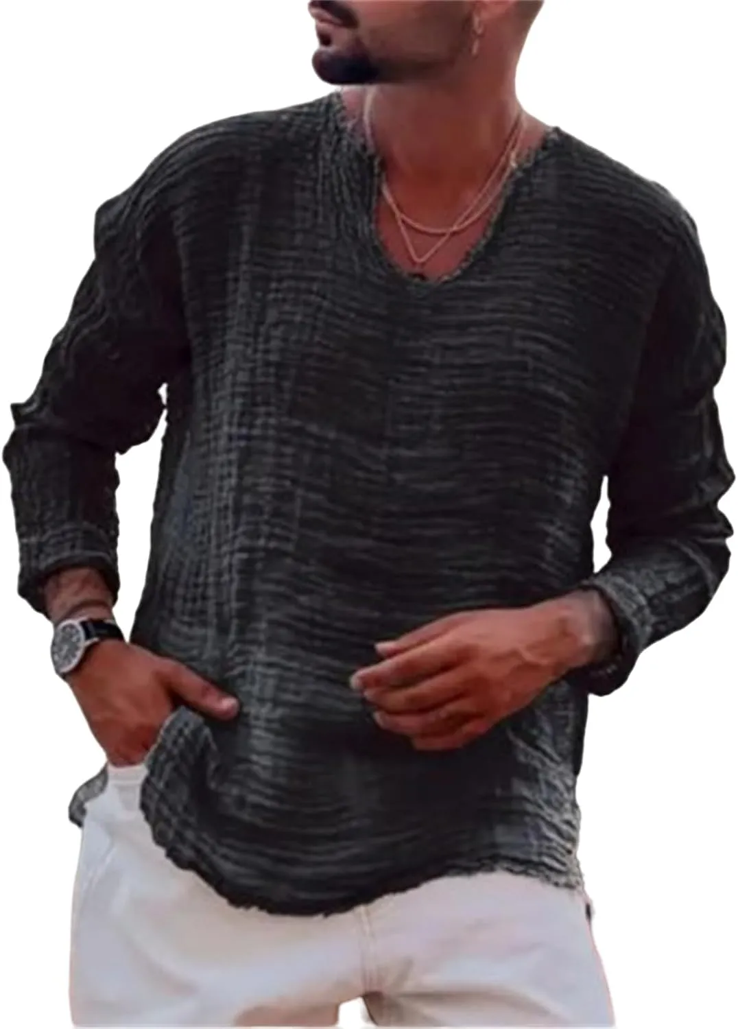 Men's Vintage Linen Raw Edge Plain Long Sleeve Shirts Loose Casual V Neck Beach Hippie Yoga T Shirts Tops