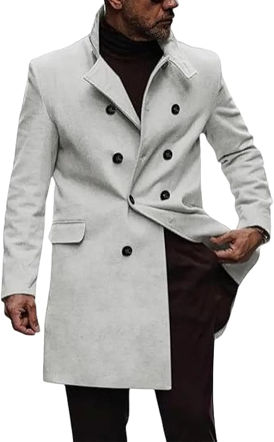 Men's Winter Coat Mid Length Double Breasted Wool Blend Top Coat Solid Stand Collar Oversized Trench Coat Pea Co