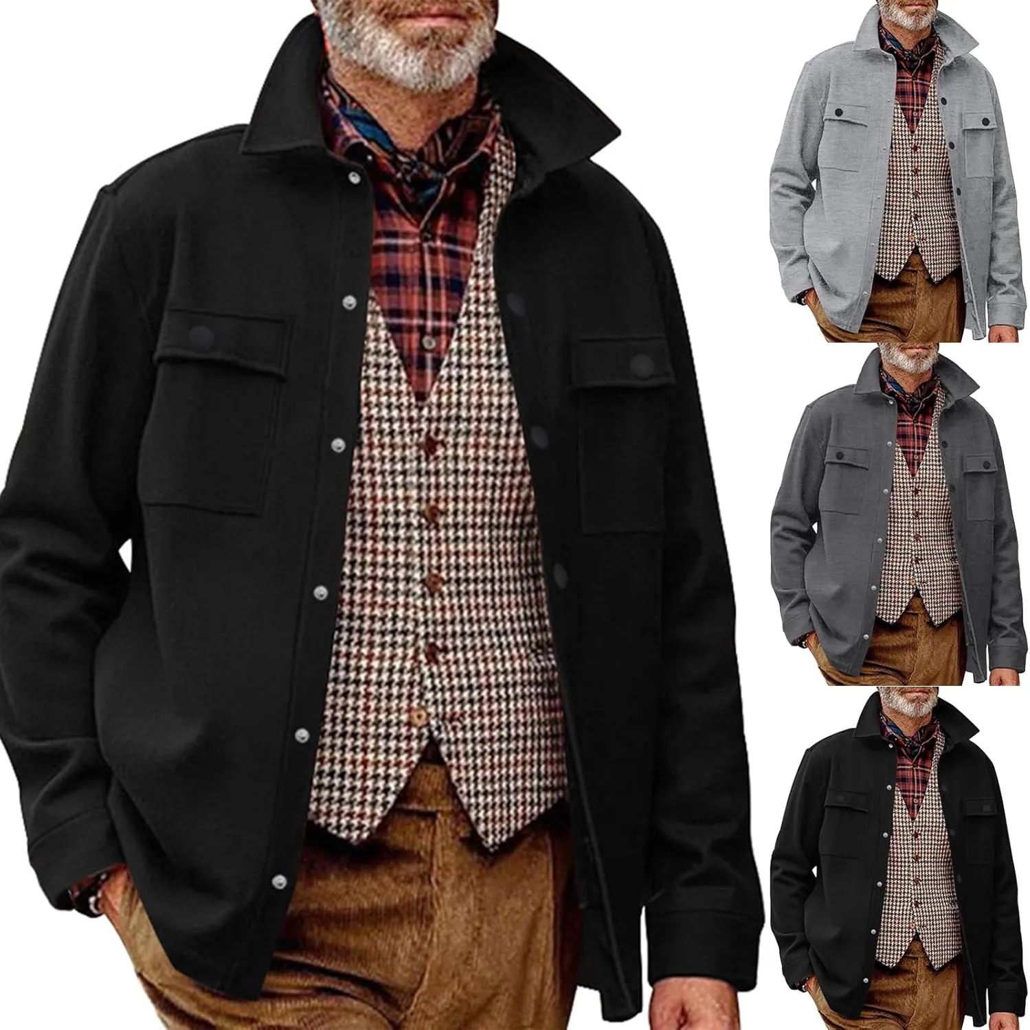 Men's Winter Trench Jacket Loose Fit Wool Blend Single Breasted Pea Coat Lapels Button Up Jacket Long Sleeve Polar Fleece