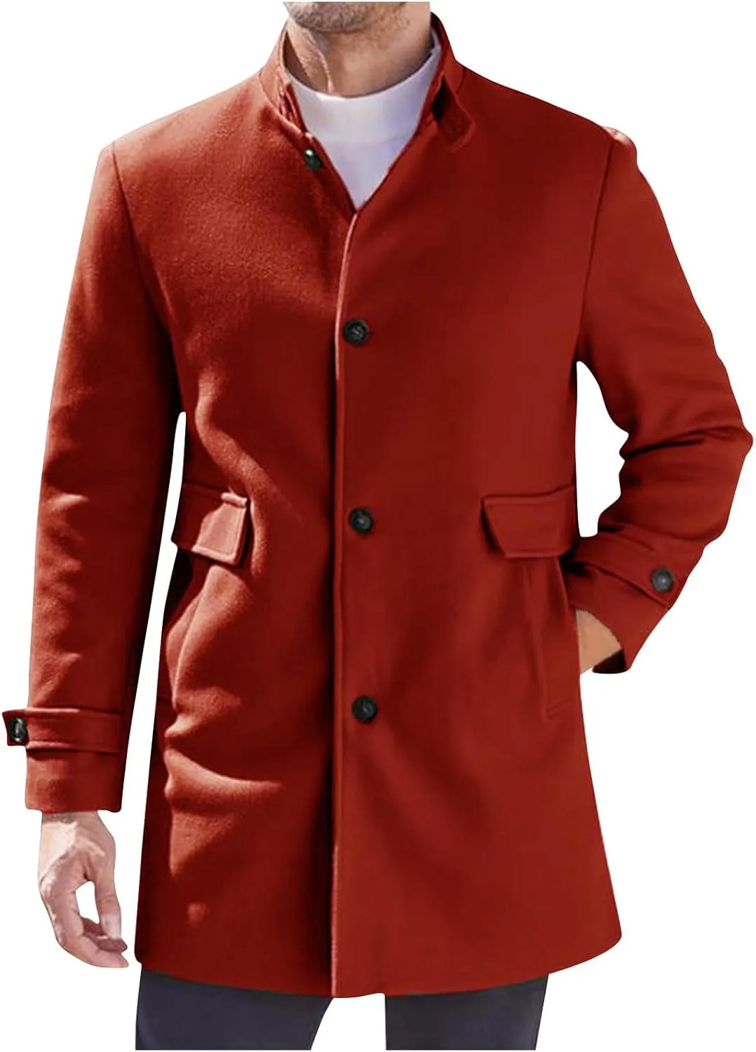 Men's Wool Blend Jacket Winter Warm Loose Fit Solid Trench Coat Stand Collar Single Breasted Solid Windproof Pea Coat