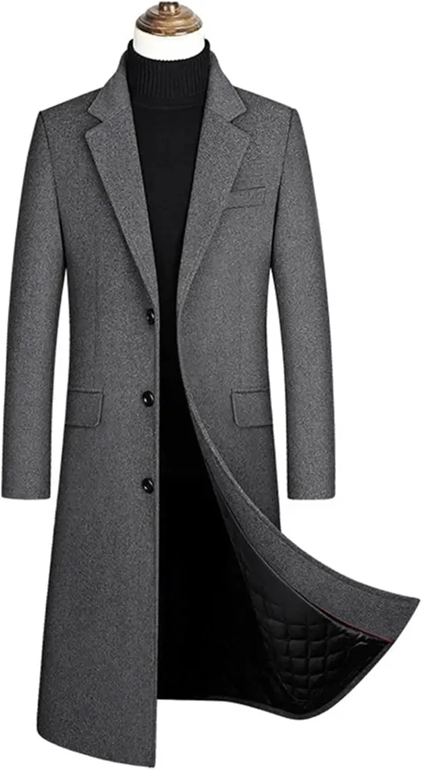 Mens Wool Blend Long Trench Coat, Notched Collar, Single Breasted, Warm, Slim Fit Pea Coat for Cold Weather