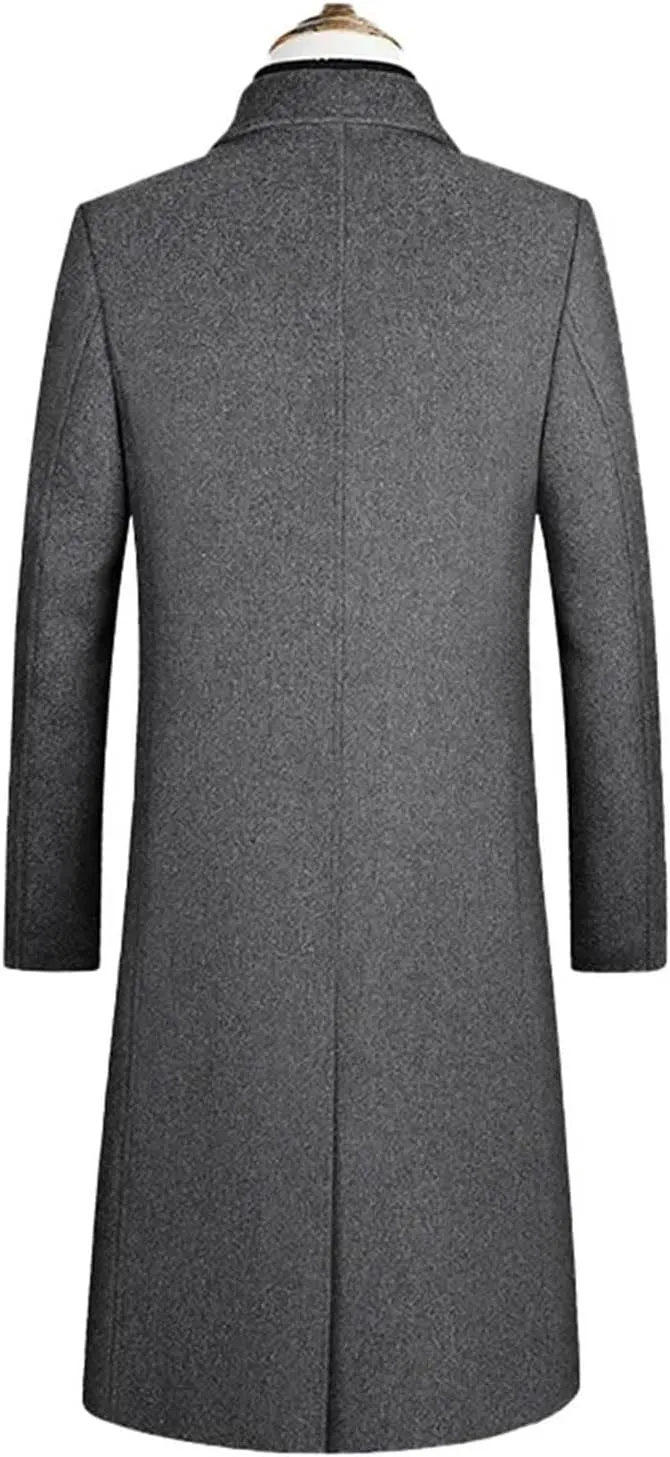 Mens Wool Blend Long Trench Coat, Notched Collar, Single Breasted, Warm, Slim Fit Pea Coat for Cold Weather
