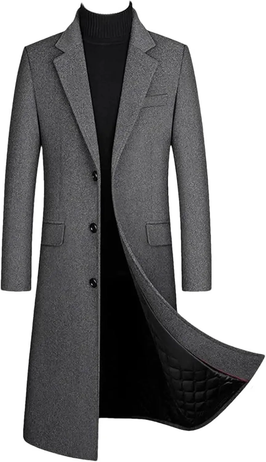 Mens Wool Blend Long Trench Coat, Notched Collar, Single Breasted, Warm, Slim Fit Pea Coat for Cold Weather