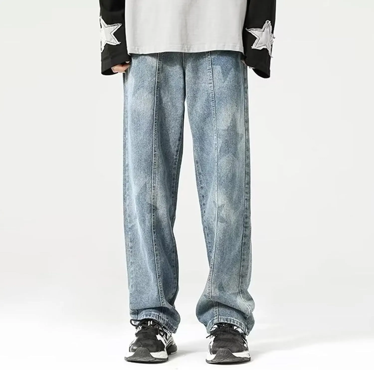Men's Y2k Jeans Baggy Star Graphic Straight Wide Leg Jeans Hip Hop Streetwear Jeans Loose Fit Aesthetic Harajuku Denim Pants