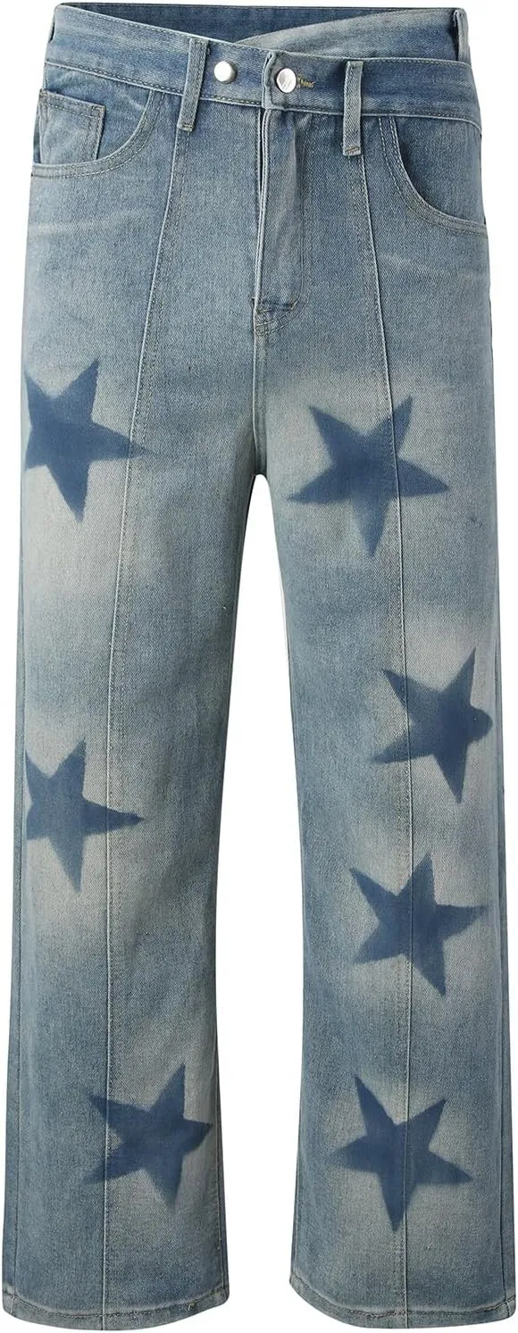 Men's Y2k Jeans Baggy Star Graphic Straight Wide Leg Jeans Hip Hop Streetwear Jeans Loose Fit Aesthetic Harajuku Denim Pants