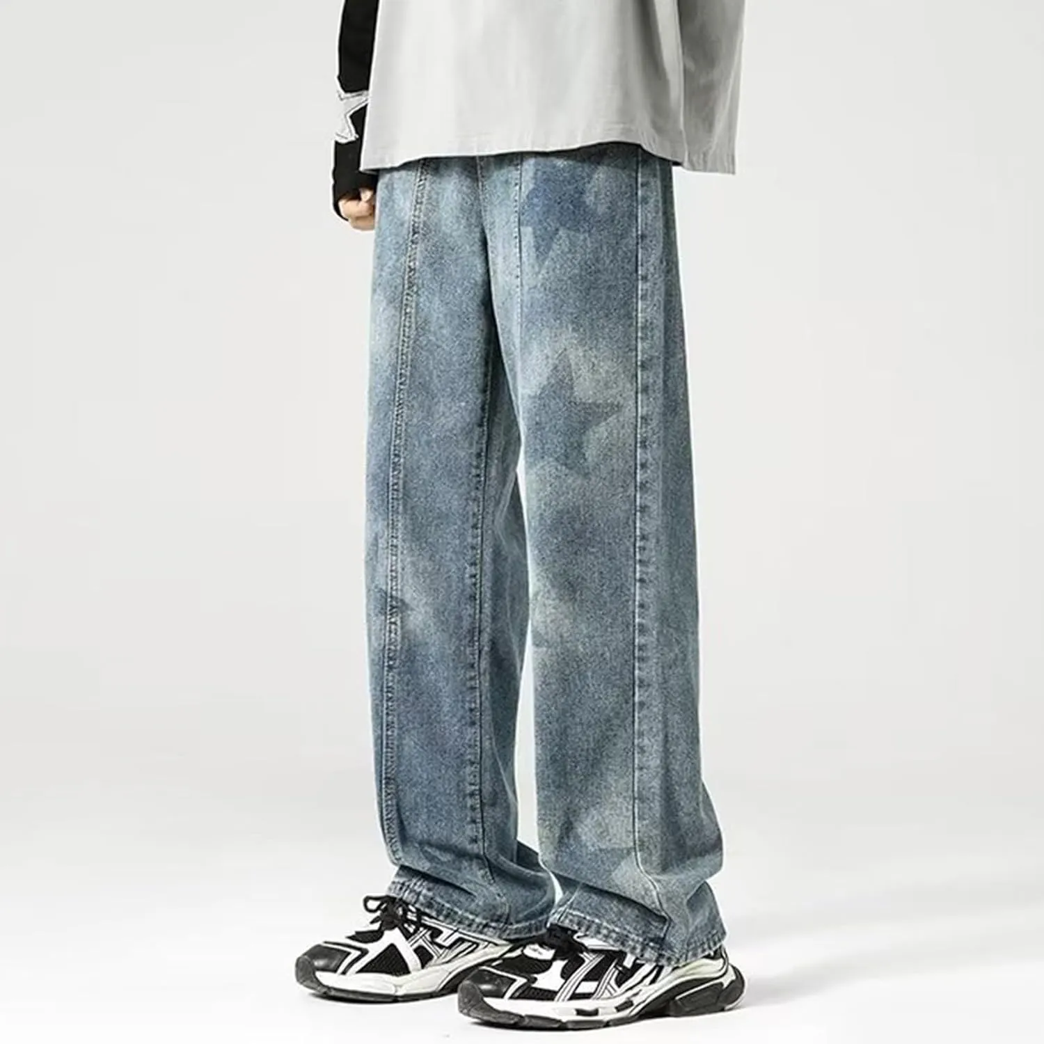 Men's Y2k Jeans Baggy Star Graphic Straight Wide Leg Jeans Hip Hop Streetwear Jeans Loose Fit Aesthetic Harajuku Denim Pants