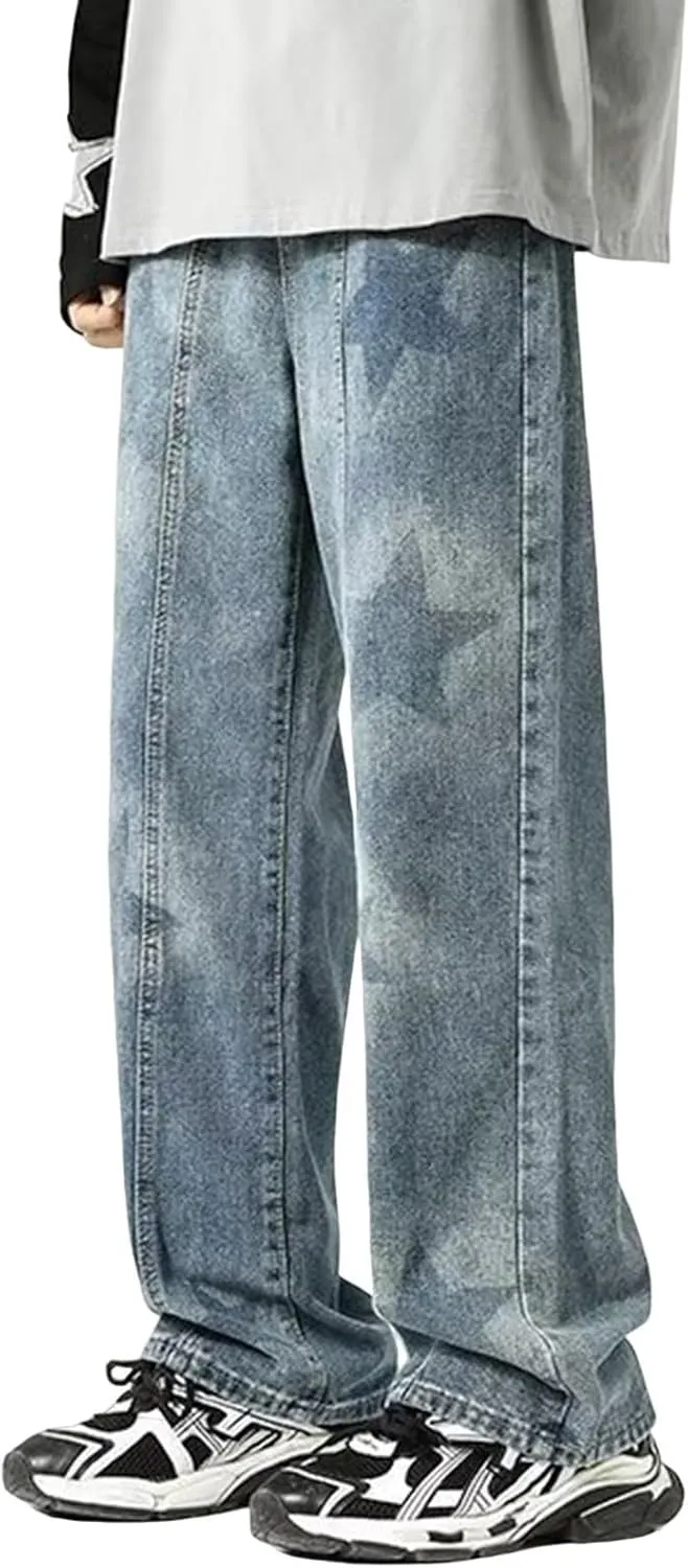 Men's Y2k Jeans Baggy Star Graphic Straight Wide Leg Jeans Hip Hop Streetwear Jeans Loose Fit Aesthetic Harajuku Denim Pants