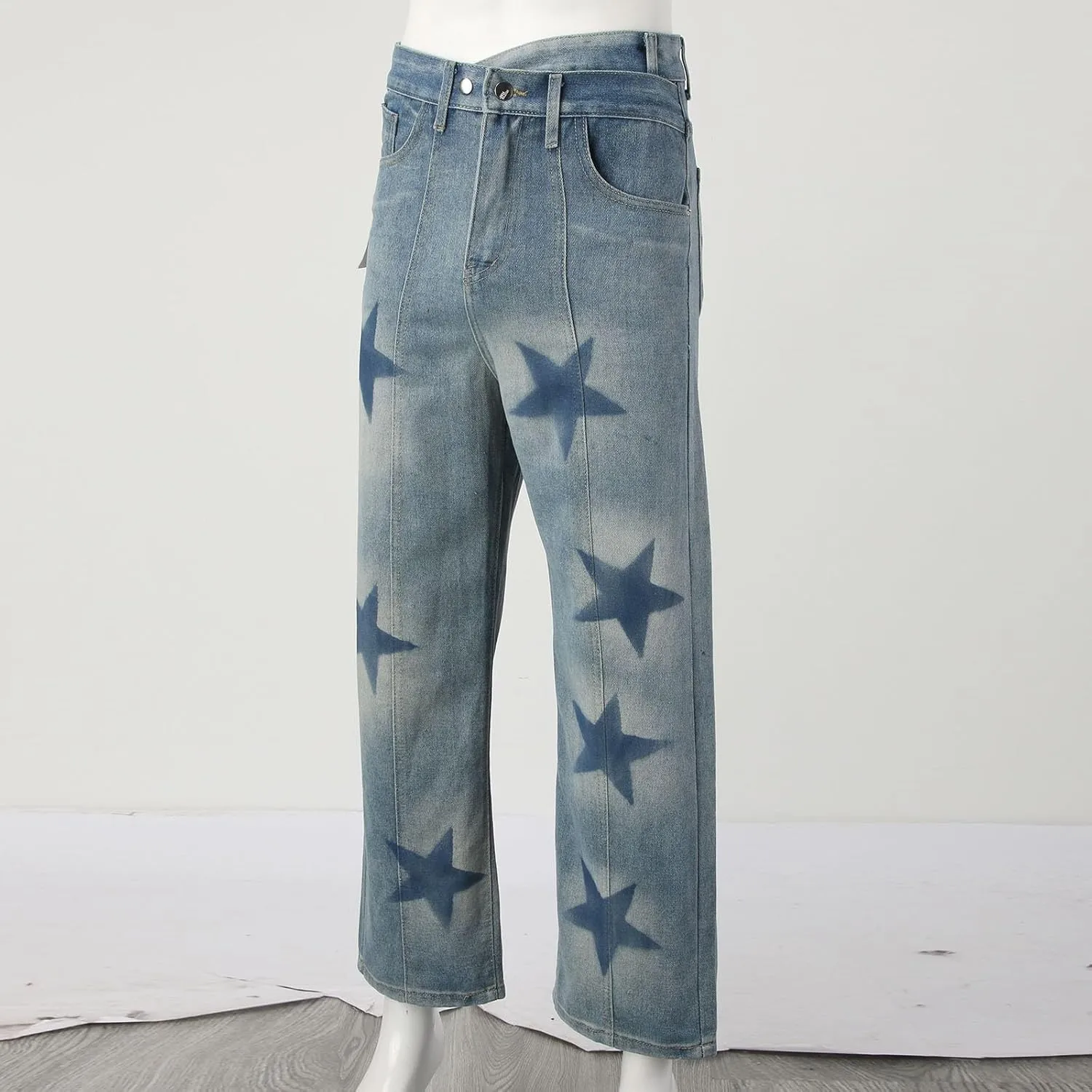 Men's Y2k Jeans Baggy Star Graphic Straight Wide Leg Jeans Hip Hop Streetwear Jeans Loose Fit Aesthetic Harajuku Denim Pants