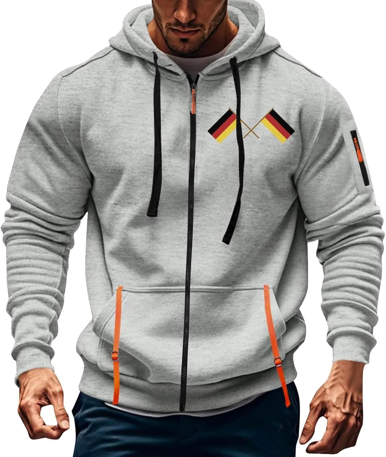 Mens Zip Up Hoodie Jacket For Fashion Vintage Flag Print Multi-Pocket Long Sleeve Causal Tactical Cardigan Sweatshirts