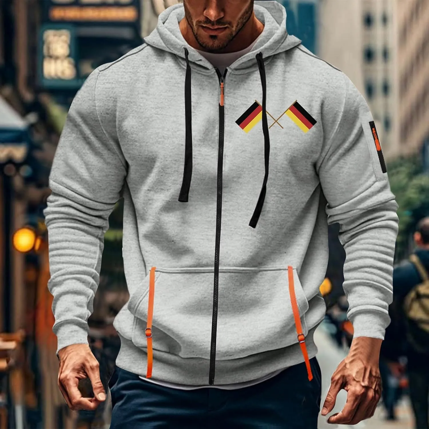 Mens Zip Up Hoodie Jacket For Fashion Vintage Flag Print Multi-Pocket Long Sleeve Causal Tactical Cardigan Sweatshirts