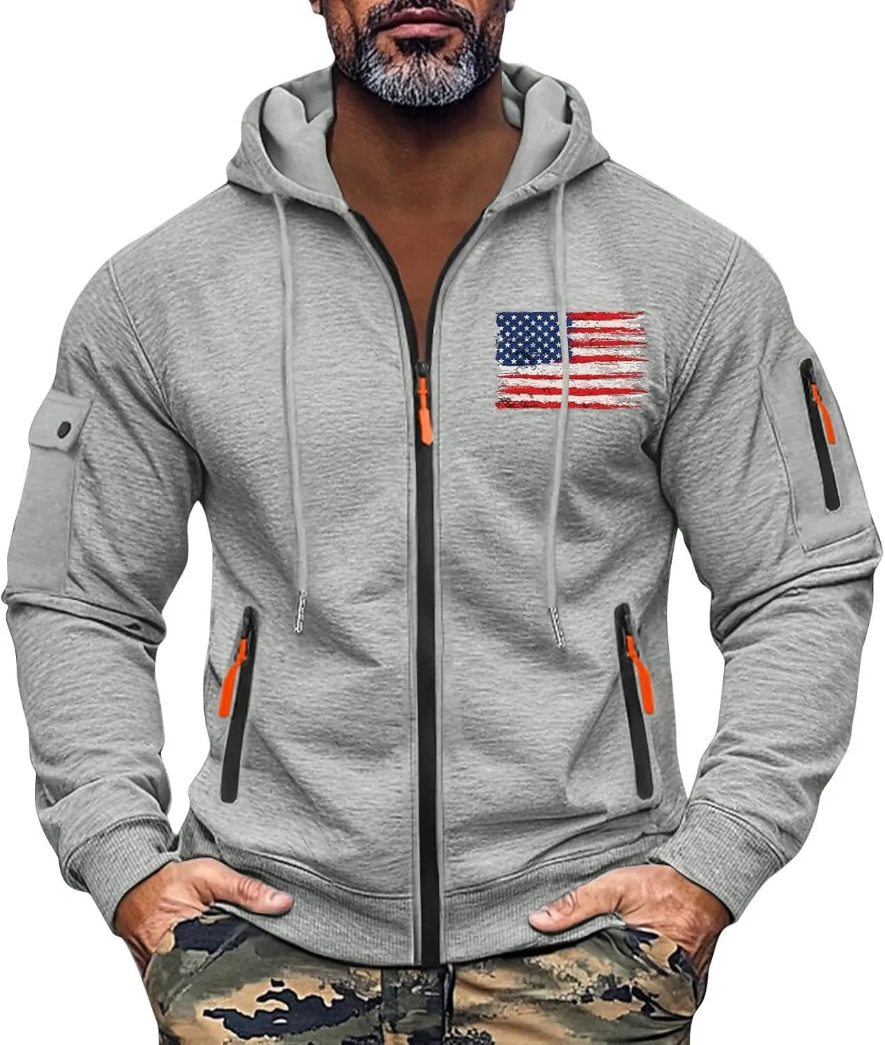 Men's Zip Up USA Flag Print Hoodie Comfy Long Sleeve Drawstring Shirts Plus Size Patriotic Sweatshirts with Pockets