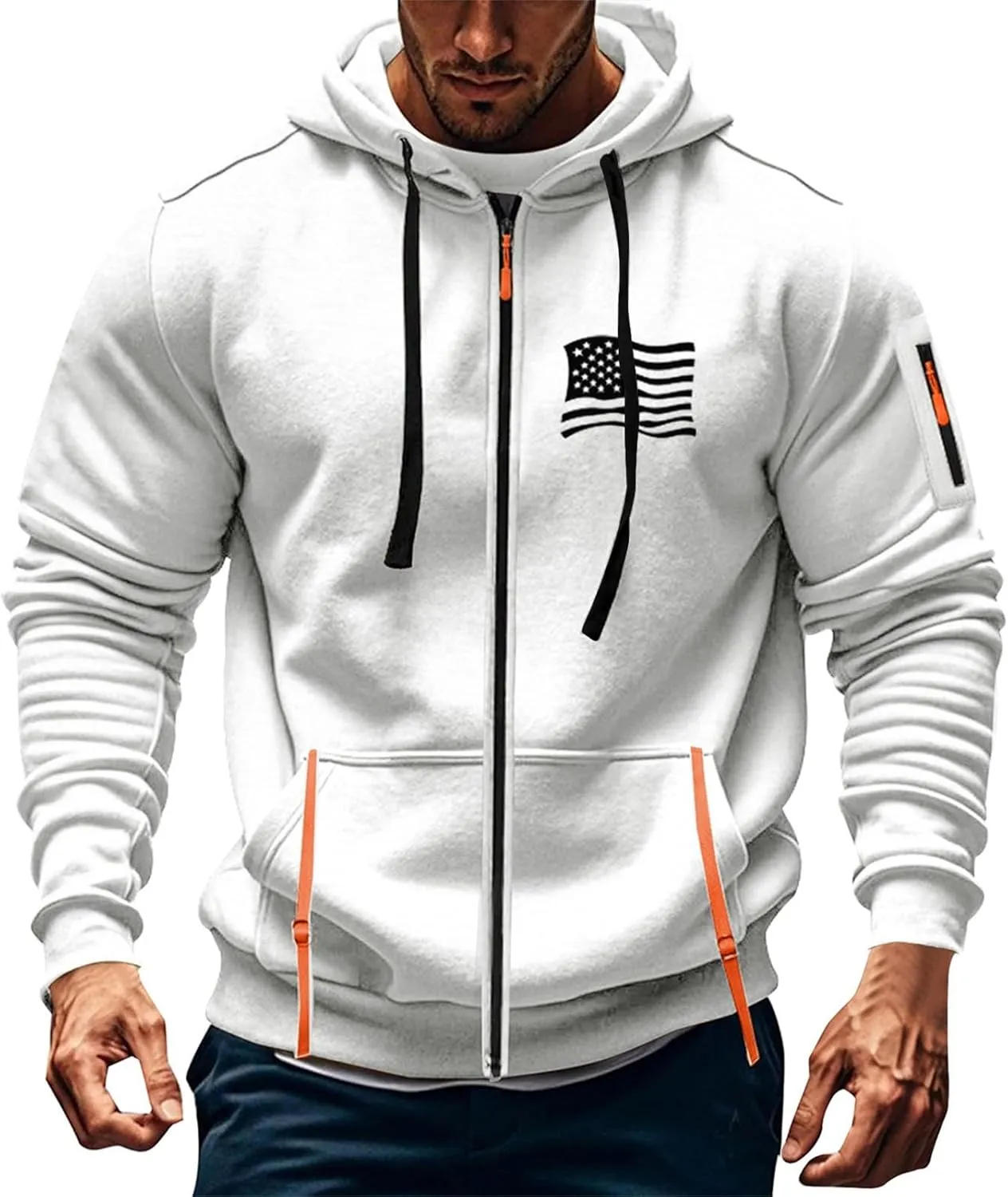 Mens Zipper American Flag Print Hoodies Slim Long Sleeve Drawstring Shirts Plus Size Patriotic Sweatshirt with Pockets