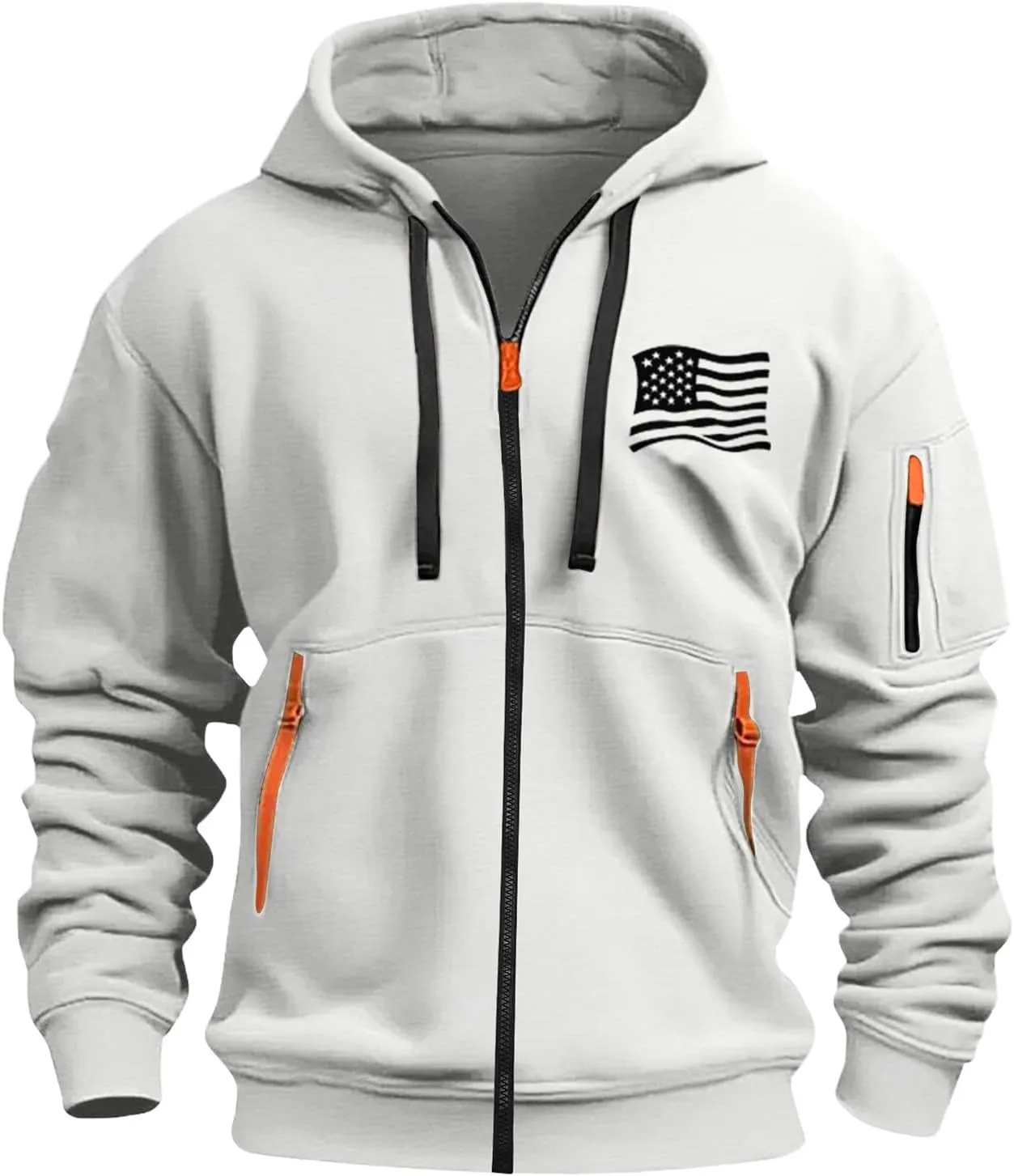 Mens Zipper American Flag Print Hoodies Slim Long Sleeve Drawstring Shirts Plus Size Patriotic Sweatshirt with Pockets