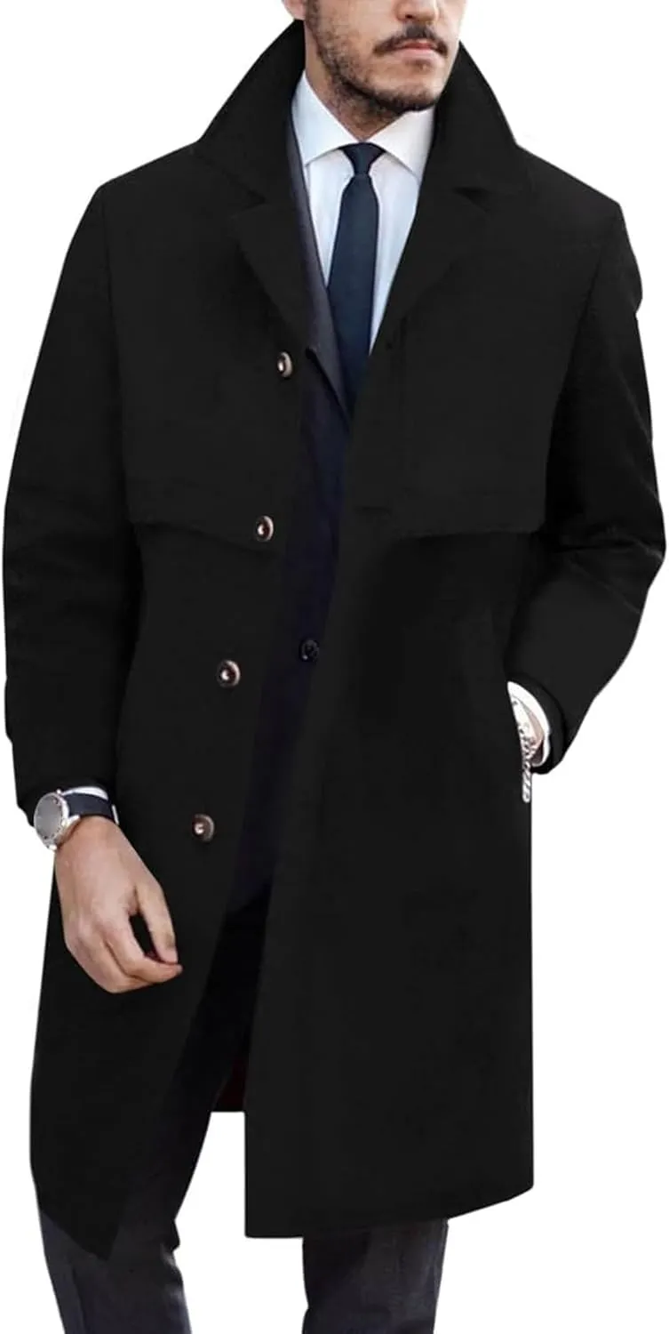 Mmoneyake Mens Long Coat Casual Trench Coat Wool Blend Single Breasted Pea Coat Slim Fit Notched Collar Long Jacket Overcoat