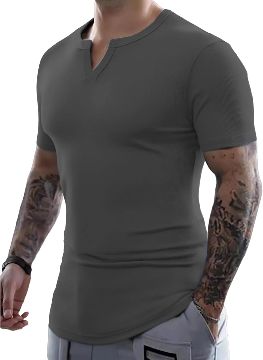 Muscle T-Shirts for Men Stretchy Workout Tops Short Sleeve V Neck Slim Fit Athletic Gym Tees Longline Henley T-Shirt