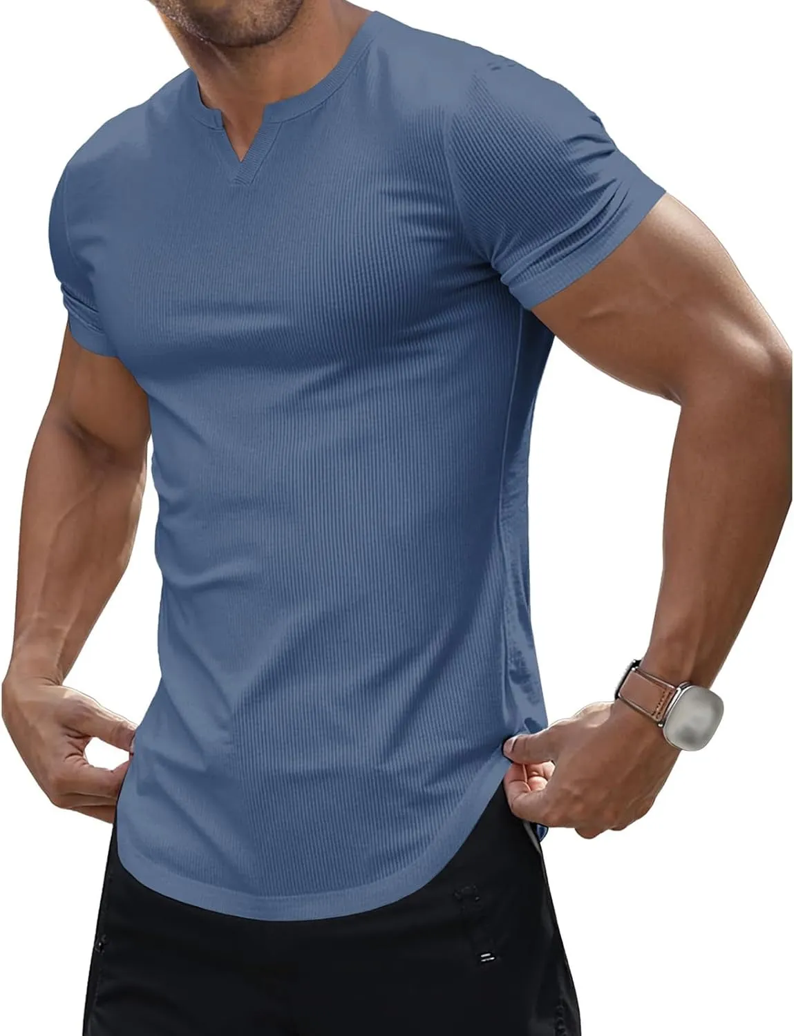 Muscle T-Shirts for Men Stretchy Workout Tops Short Sleeve V Neck Slim Fit Athletic Gym Tees Longline Henley T-Shirt