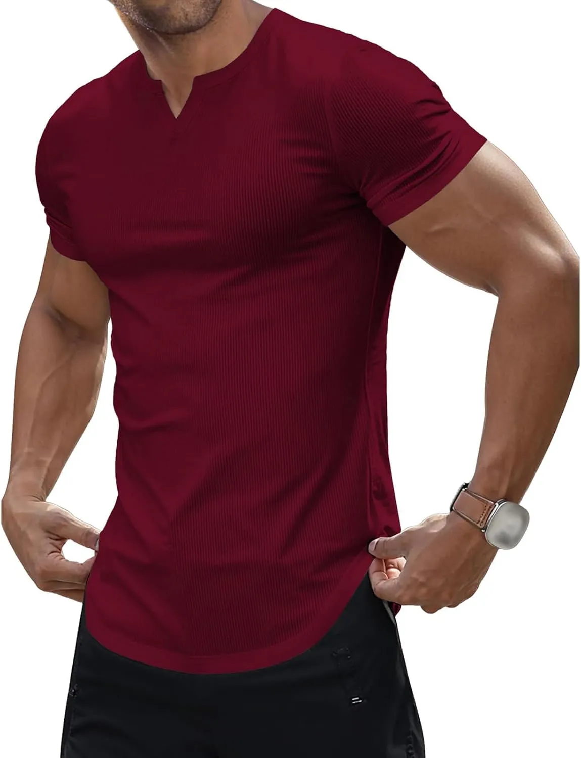 Muscle T-Shirts for Men Stretchy Workout Tops Short Sleeve V Neck Slim Fit Athletic Gym Tees Longline Henley T-Shirt