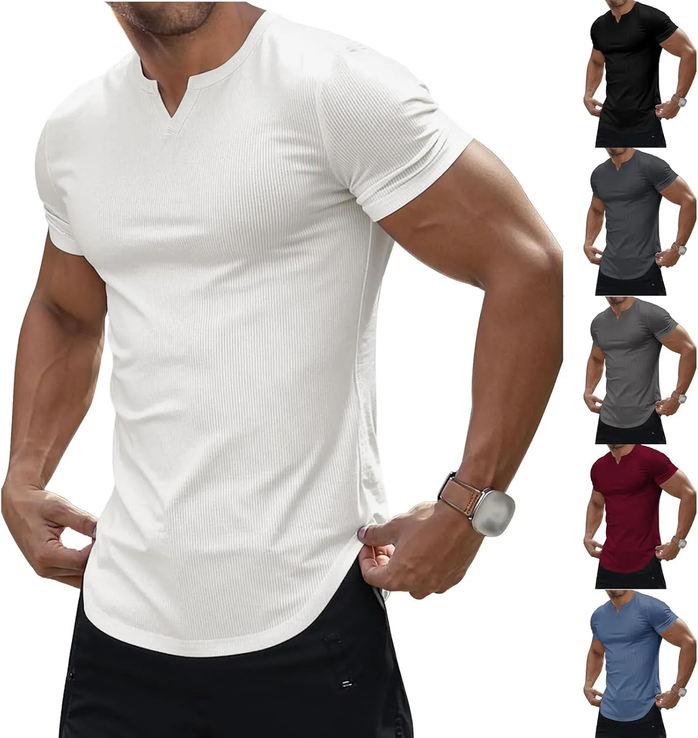 Muscle T-Shirts for Men Stretchy Workout Tops Short Sleeve V Neck Slim Fit Athletic Gym Tees Longline Henley T-Shirt