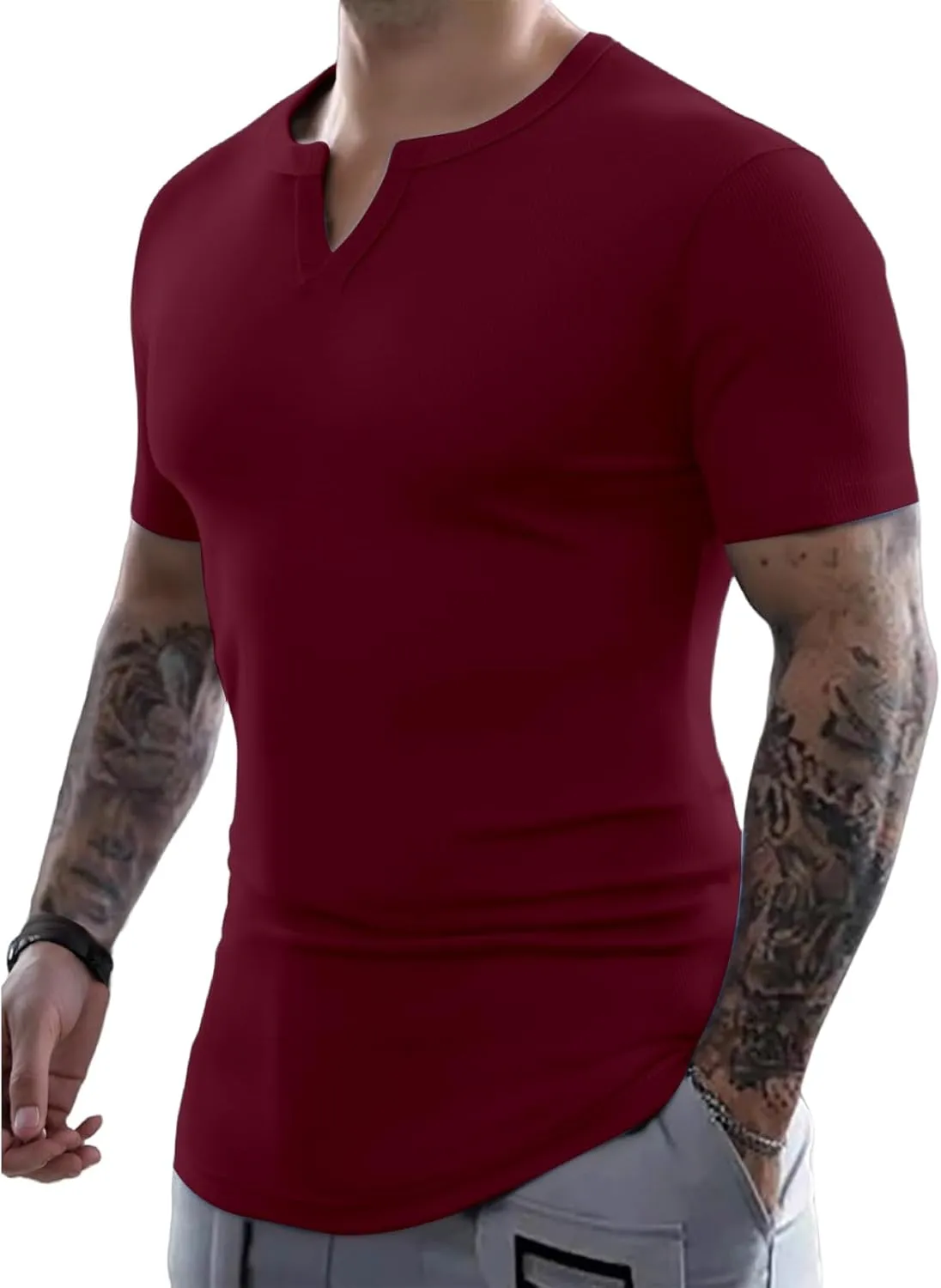 Muscle T-Shirts for Men Stretchy Workout Tops Short Sleeve V Neck Slim Fit Athletic Gym Tees Longline Henley T-Shirt
