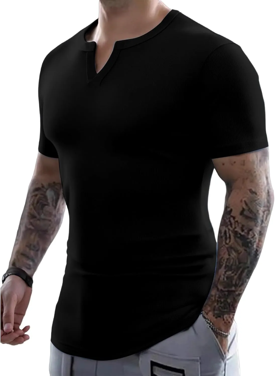 Muscle T-Shirts for Men Stretchy Workout Tops Short Sleeve V Neck Slim Fit Athletic Gym Tees Longline Henley T-Shirt
