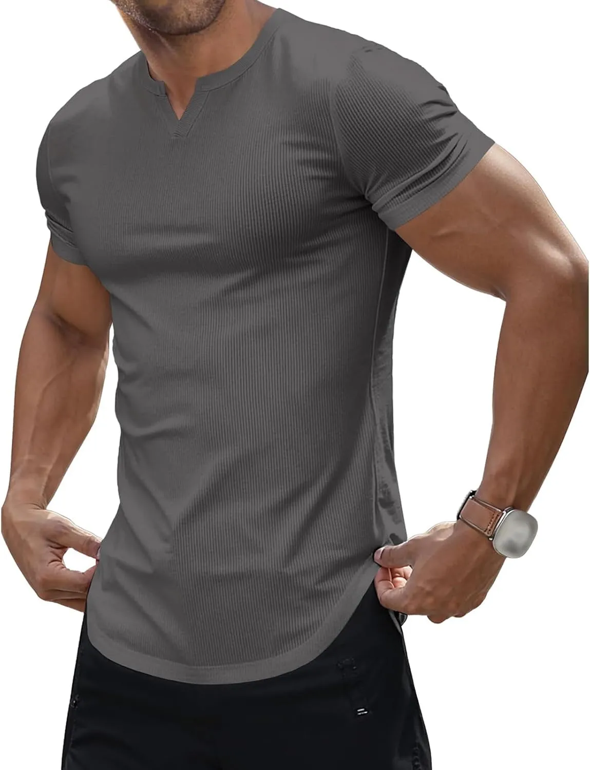 Muscle T-Shirts for Men Stretchy Workout Tops Short Sleeve V Neck Slim Fit Athletic Gym Tees Longline Henley T-Shirt