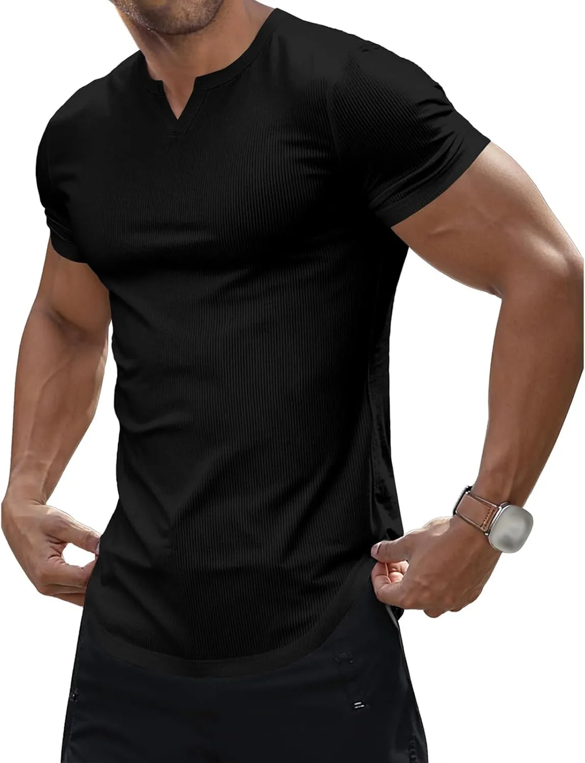 Muscle T-Shirts for Men Stretchy Workout Tops Short Sleeve V Neck Slim Fit Athletic Gym Tees Longline Henley T-Shirt