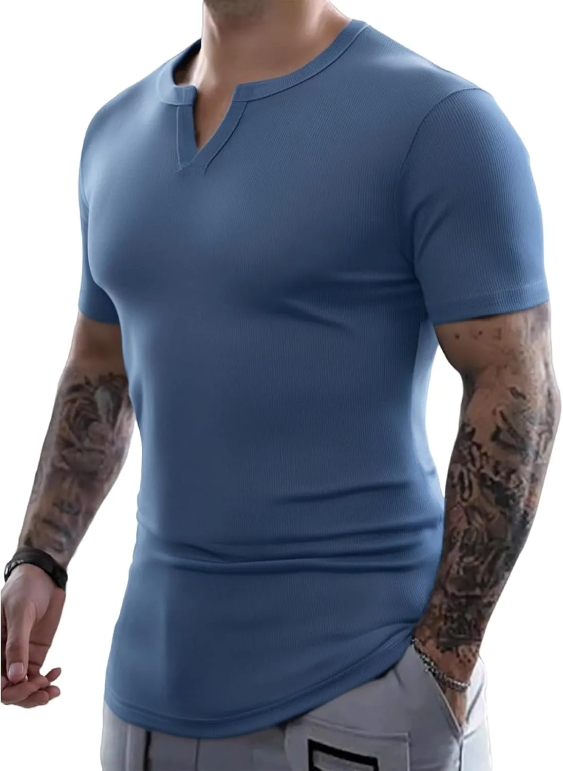Muscle T-Shirts for Men Stretchy Workout Tops Short Sleeve V Neck Slim Fit Athletic Gym Tees Longline Henley T-Shirt
