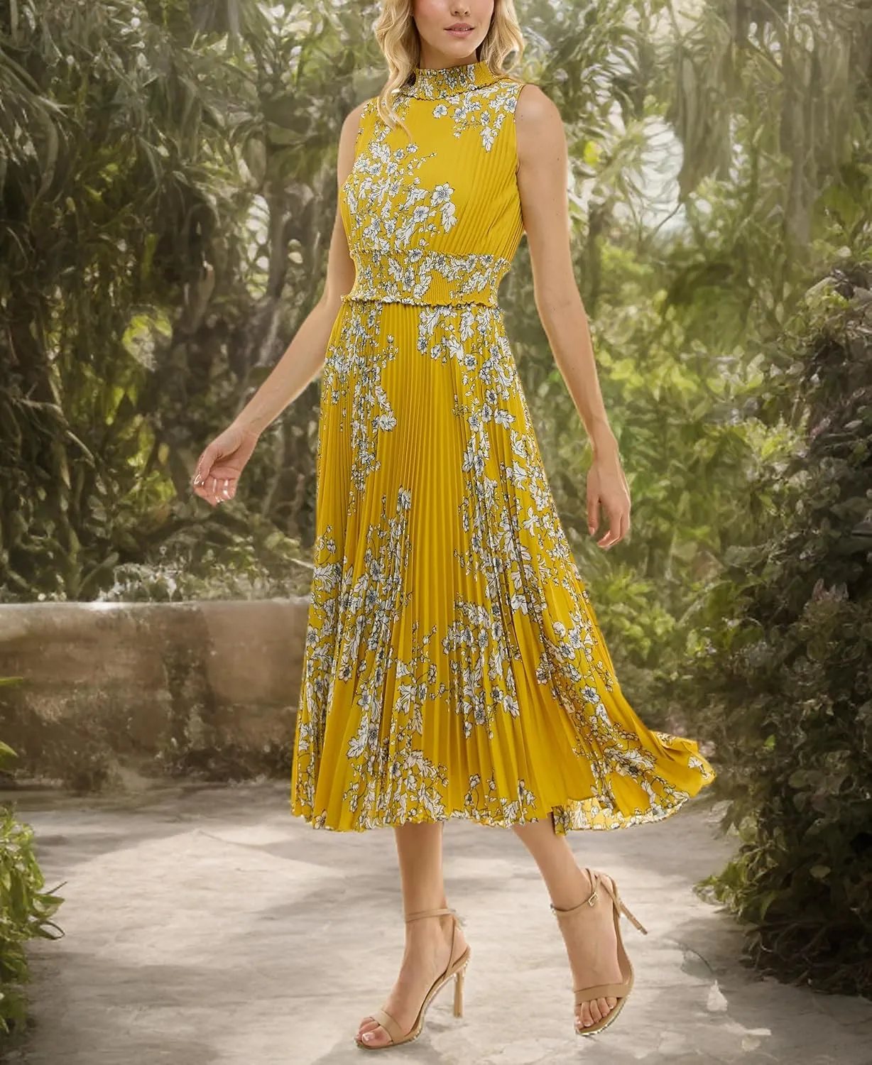 Nanette Nanette Lepore Women's Smocked High Neck Pleated Maxi Dress