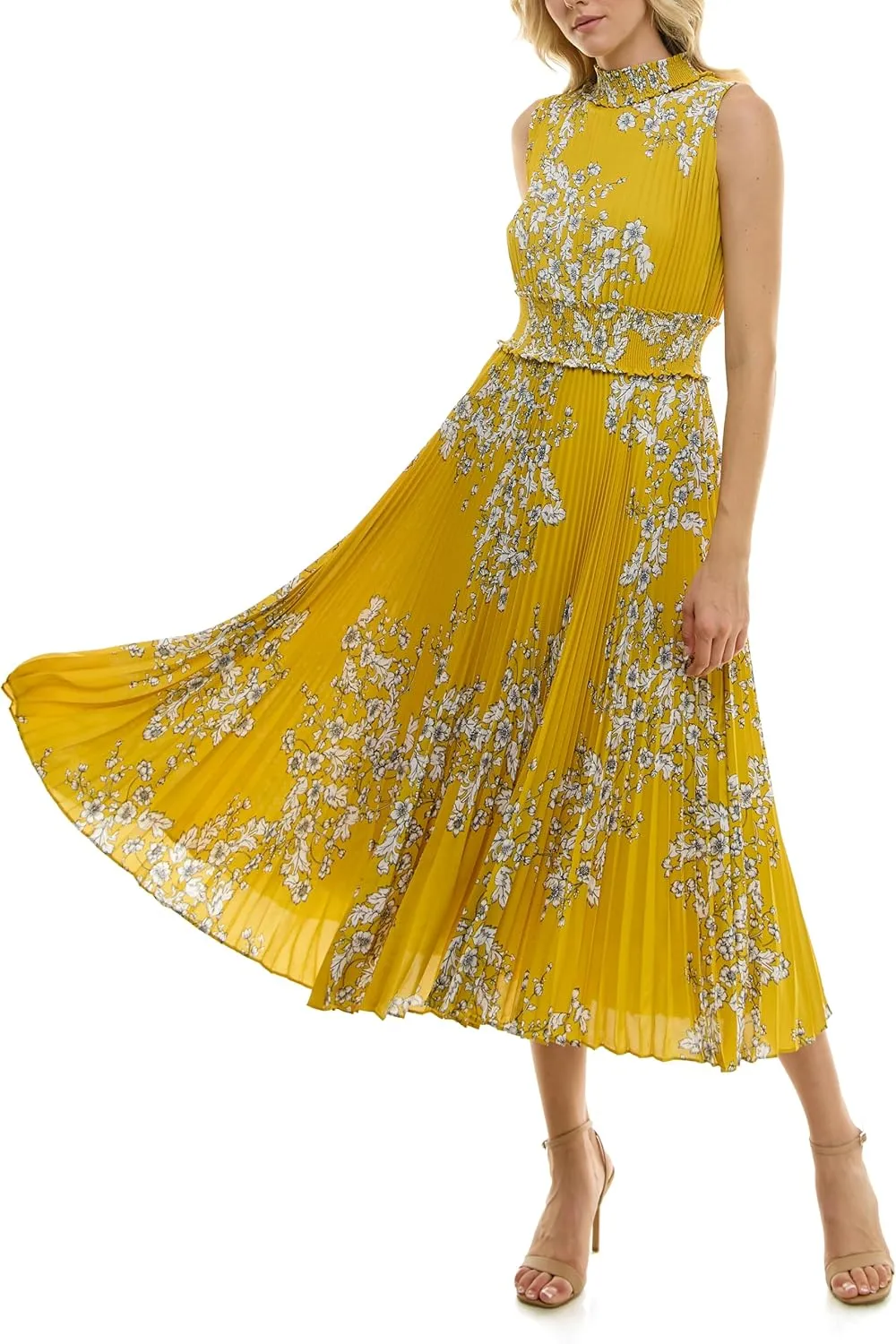 Nanette Nanette Lepore Women's Smocked High Neck Pleated Maxi Dress