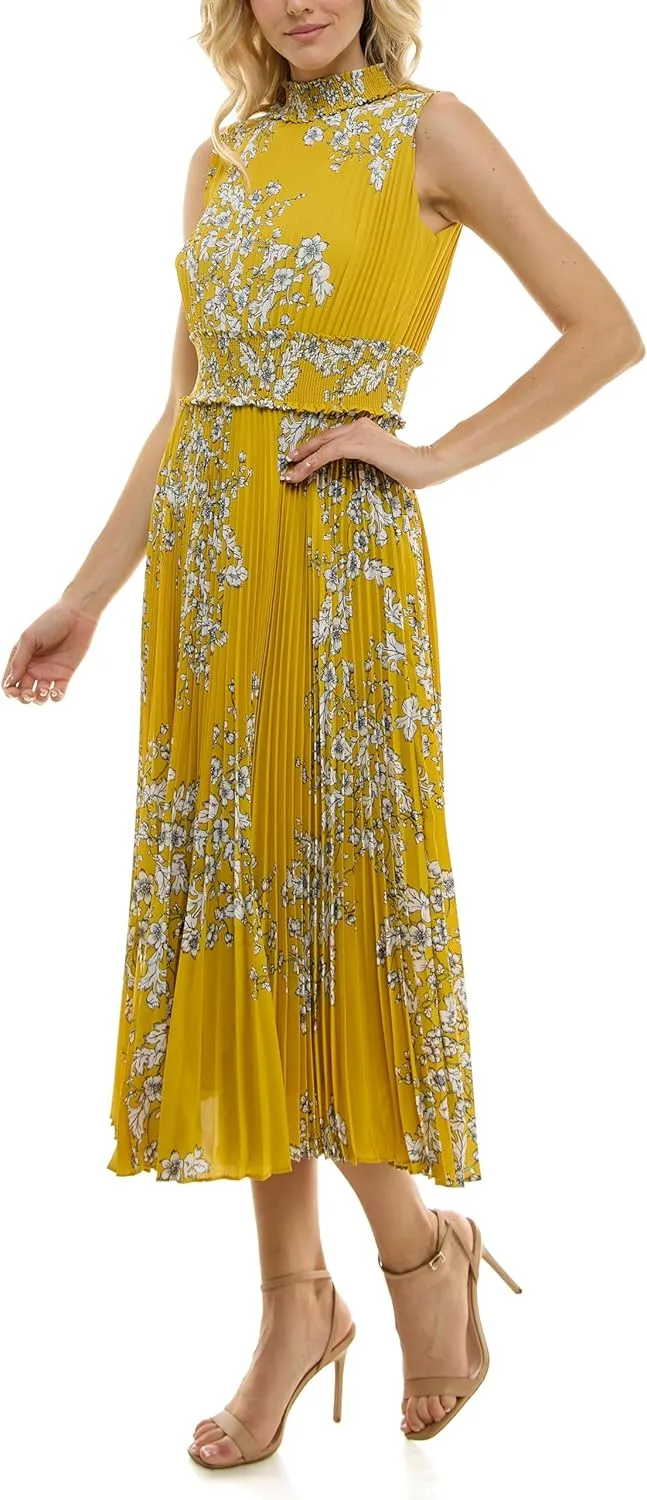 Nanette Nanette Lepore Women's Smocked High Neck Pleated Maxi Dress