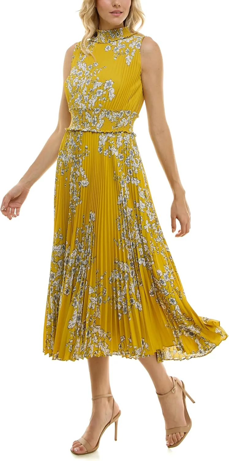 Nanette Nanette Lepore Women's Smocked High Neck Pleated Maxi Dress