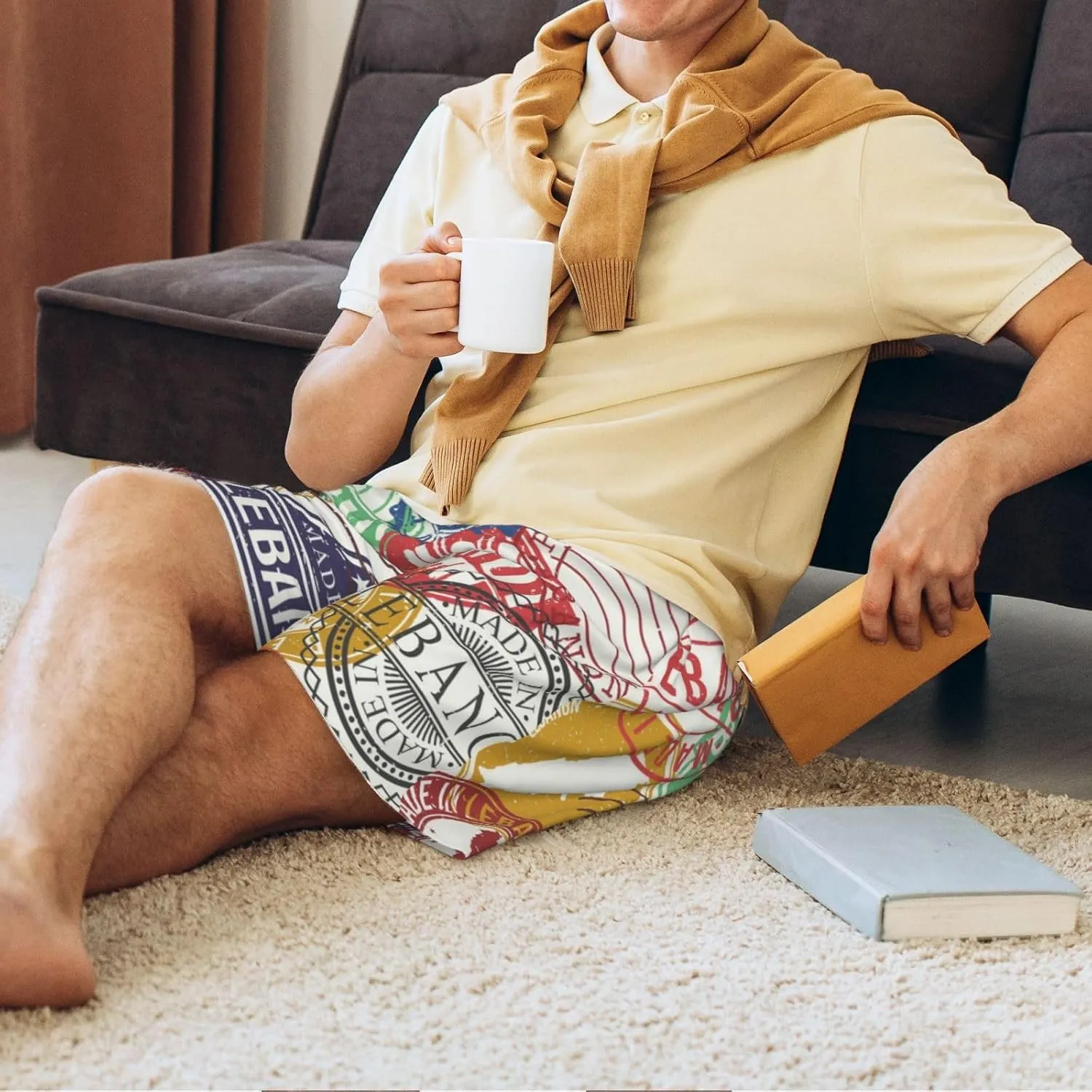 Novastar Mens Pajama Pants - Travel Stamp Sleep Comfy Shorts Mens Pajama Shorts, Pj Pants for Mens Lounge Shorts