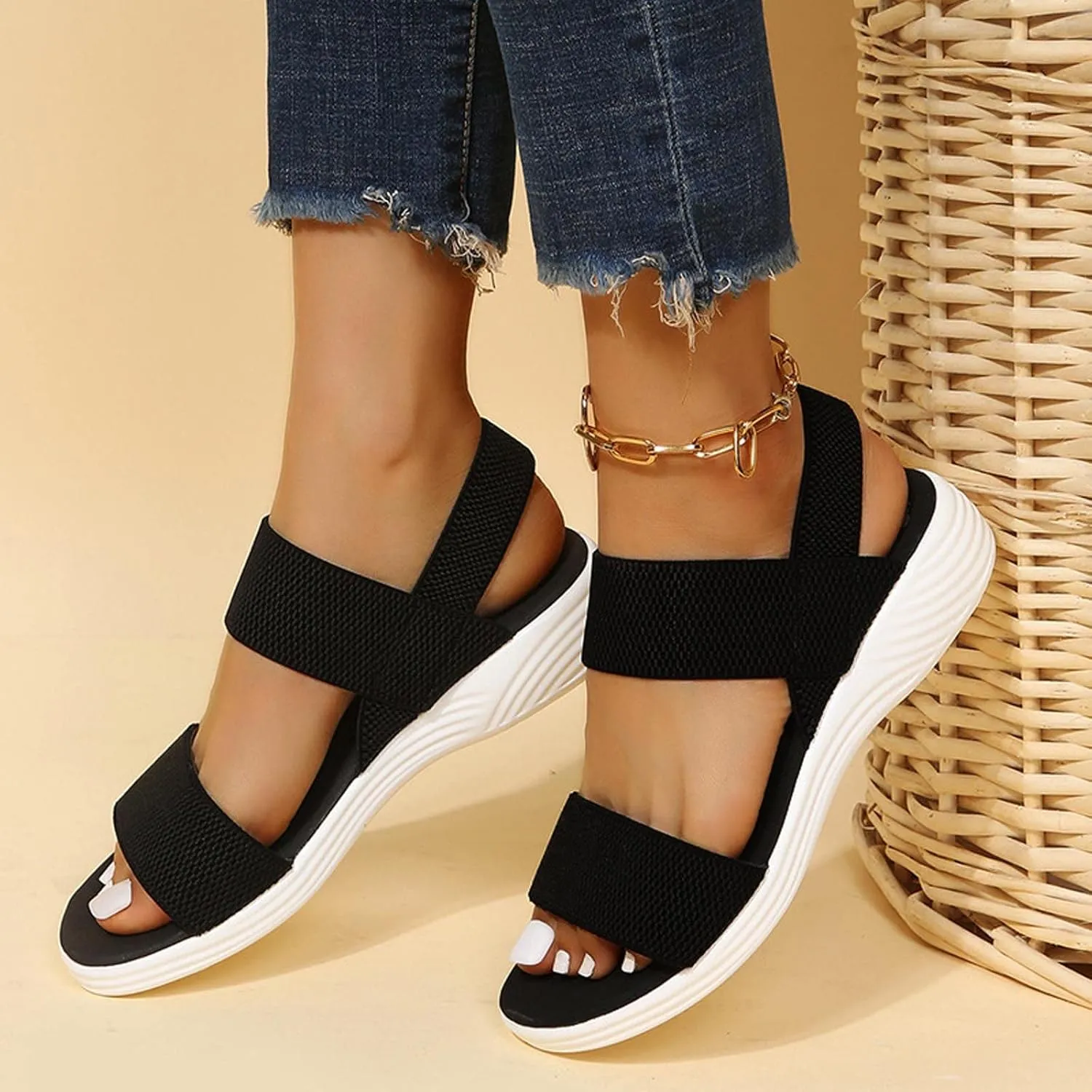 oiangi Lightweight Flat Sandals for Women Summer Fashion Casual Open Toe Slip On Slipper Solid Comfortable Breathable Outdoor Ladies Shoes