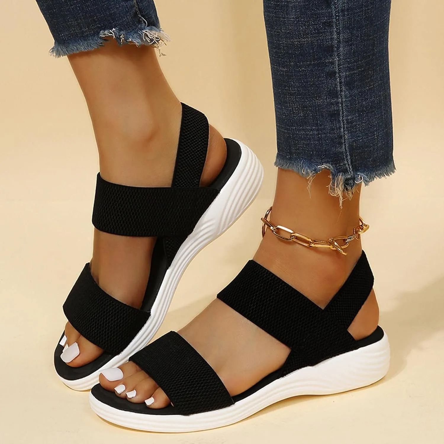 oiangi Lightweight Flat Sandals for Women Summer Fashion Casual Open Toe Slip On Slipper Solid Comfortable Breathable Outdoor Ladies Shoes