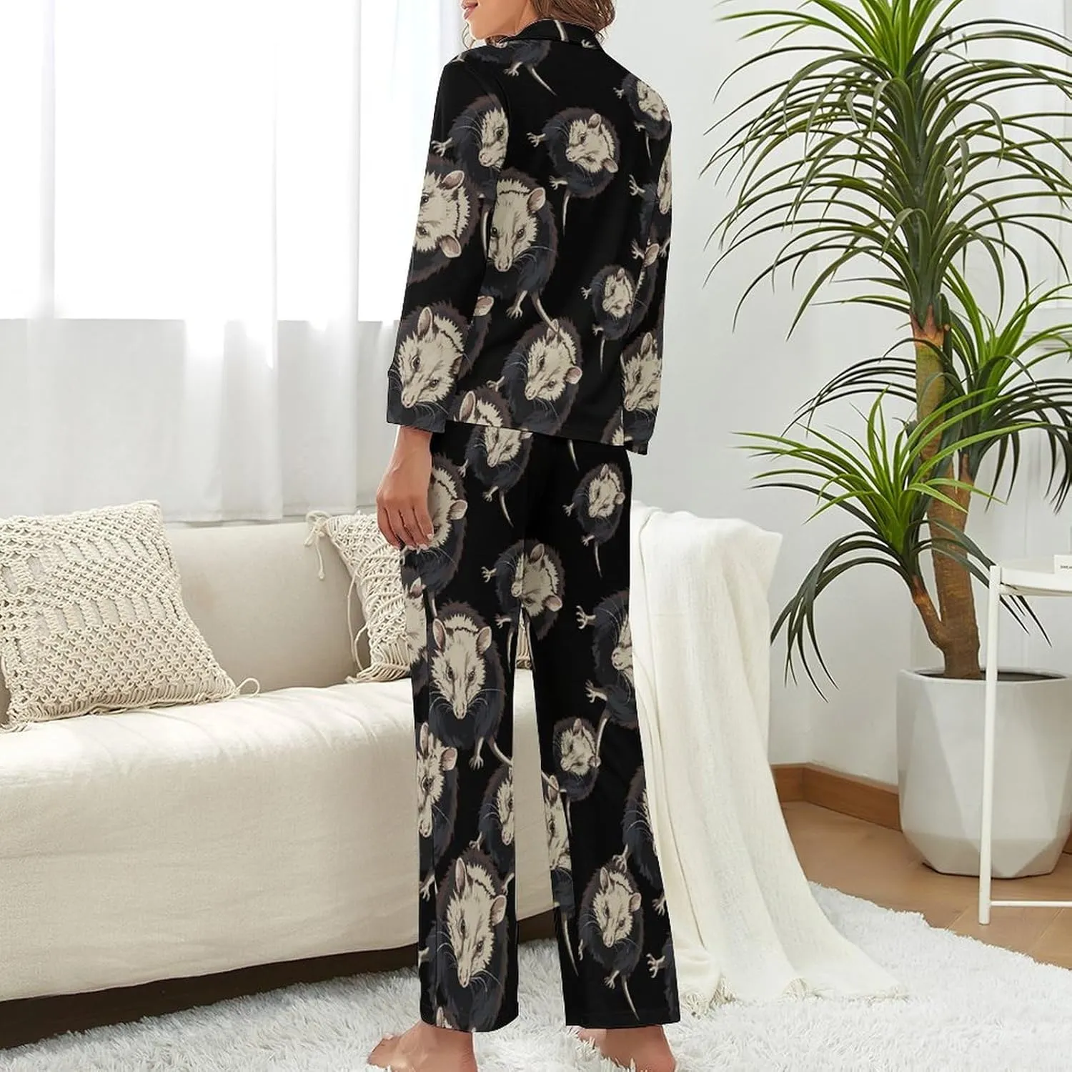 Opossum Womens Pajamas Satin PJ Set Button Down Loungewear Set 2 Piece Lounge Sets