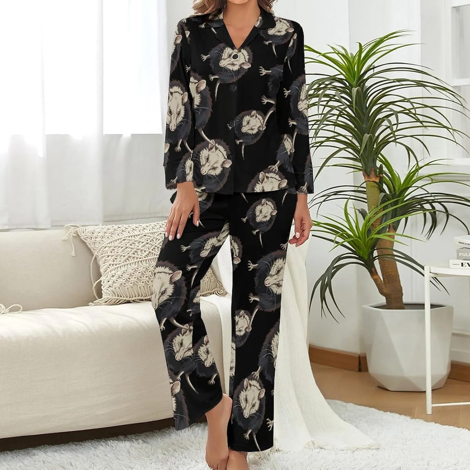 Opossum Womens Pajamas Satin PJ Set Button Down Loungewear Set 2 Piece Lounge Sets