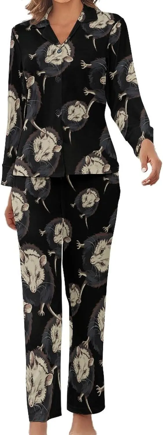 Opossum Womens Pajamas Satin PJ Set Button Down Loungewear Set 2 Piece Lounge Sets