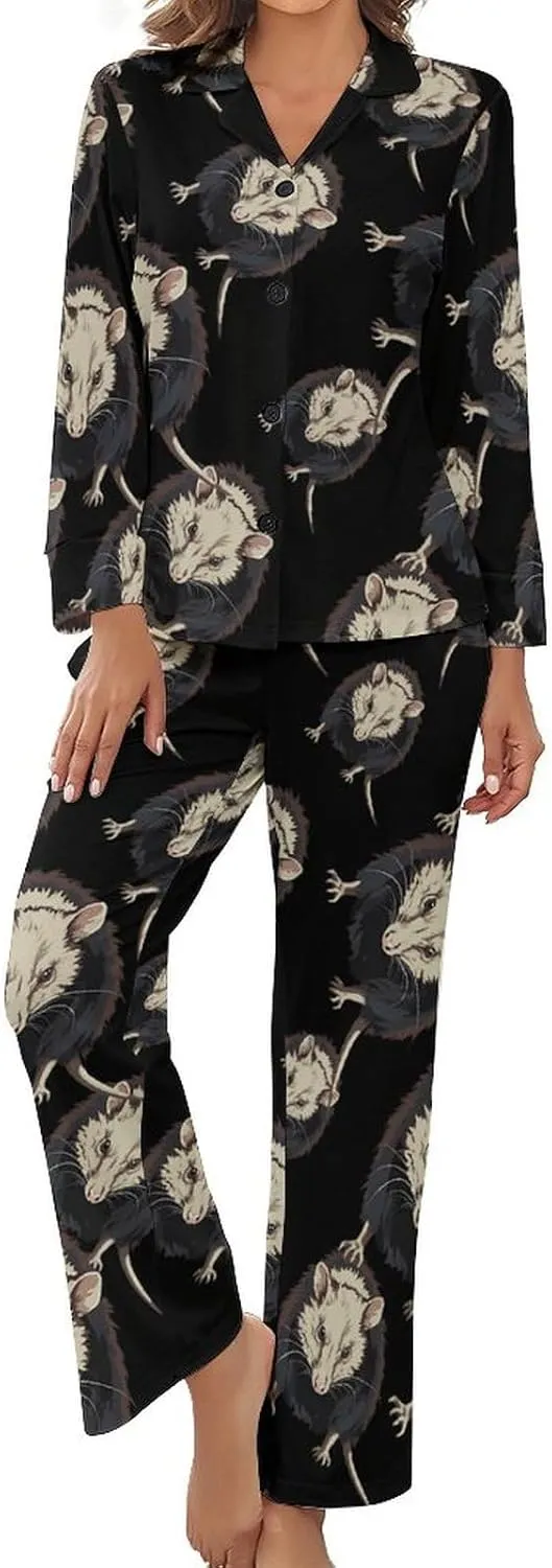 Opossum Womens Pajamas Satin PJ Set Button Down Loungewear Set 2 Piece Lounge Sets